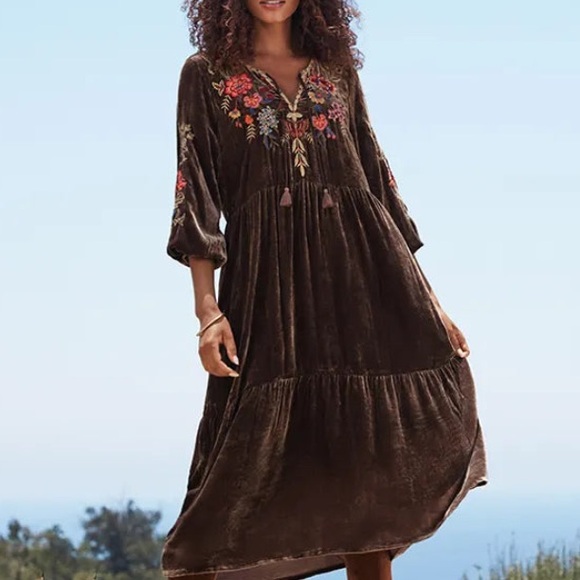 Johnny Was Brown Velvet Long Sleeve Dress with Floral Embroidery - Picture 3 of 8